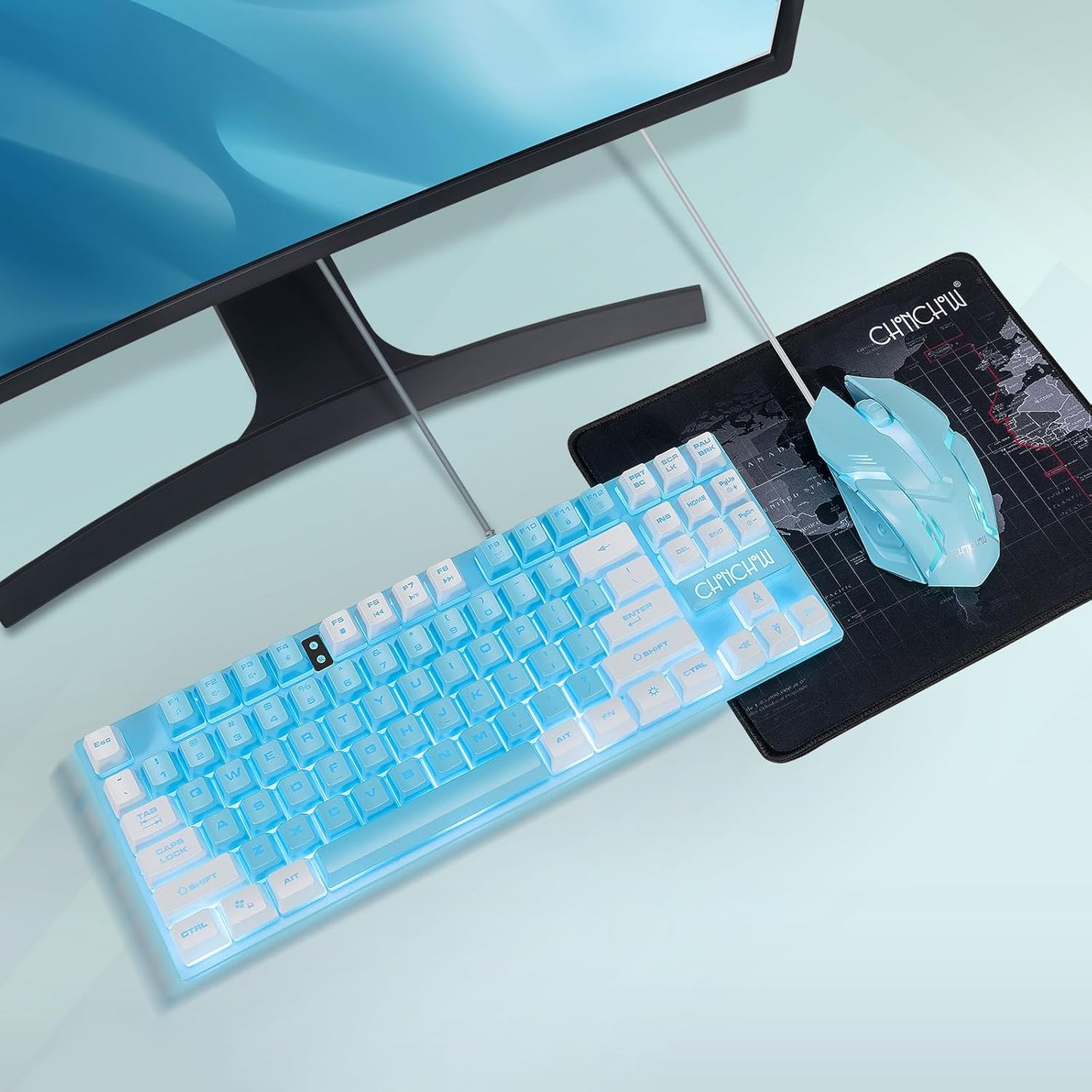 CHONCHOW Blue Keyboard and Mouse Combo, 87 Keys TKL USB Wired LED Light Up Backlit Keyboard, 800-3200 DPI RGB Mouse, Blue Mouse and Keyboard Combo for PS4 PS5 PC Laptop Mac Computers - CHONCHOW
