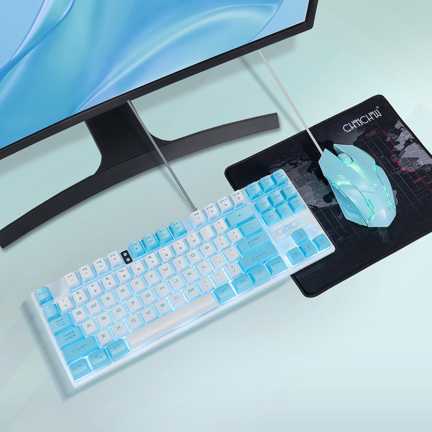 CHONCHOW Blue Keyboard and Mouse Combo, 87 Keys TKL USB Wired LED Light Up Backlit Keyboard, 800-3200 DPI RGB Mouse, Blue Mouse and Keyboard Combo for PS4 PS5 PC Laptop Mac Computers - CHONCHOW