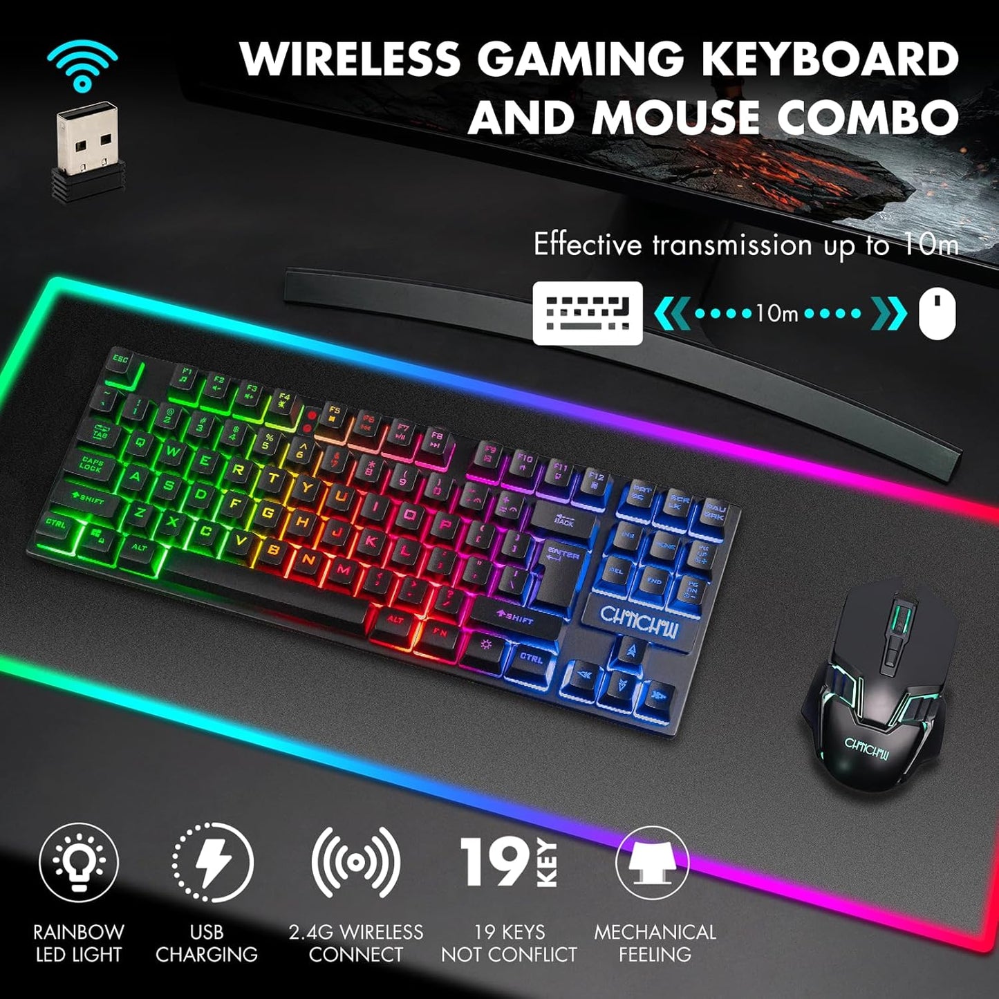 CHONCHOW Wireless Gaming Keyboard and Mouse Combo, Rechargeable 87 Key LED Light Up Keyboard Ergonomic Wireless Gaming Mouse, Backlit Wireless Gaming Mouse and Keyboard for Xbox PS4 PS4 PC Laptop - CHONCHOW