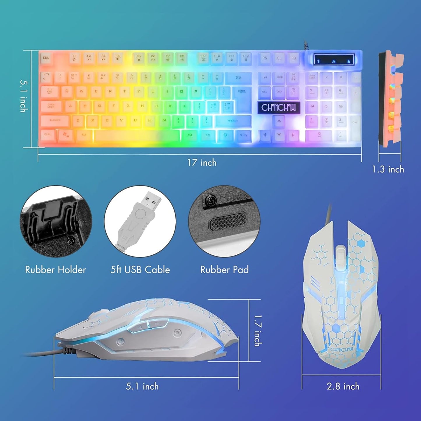 CHONCHOW LED Keyboard and Mouse, 104 Keys Rainbow Backlit Keyboard and 7 Color RGB Mouse, White Gaming Keyboard and Mouse Combo for PC Laptop Xbox PS4 Gamers and Work - CHONCHOW