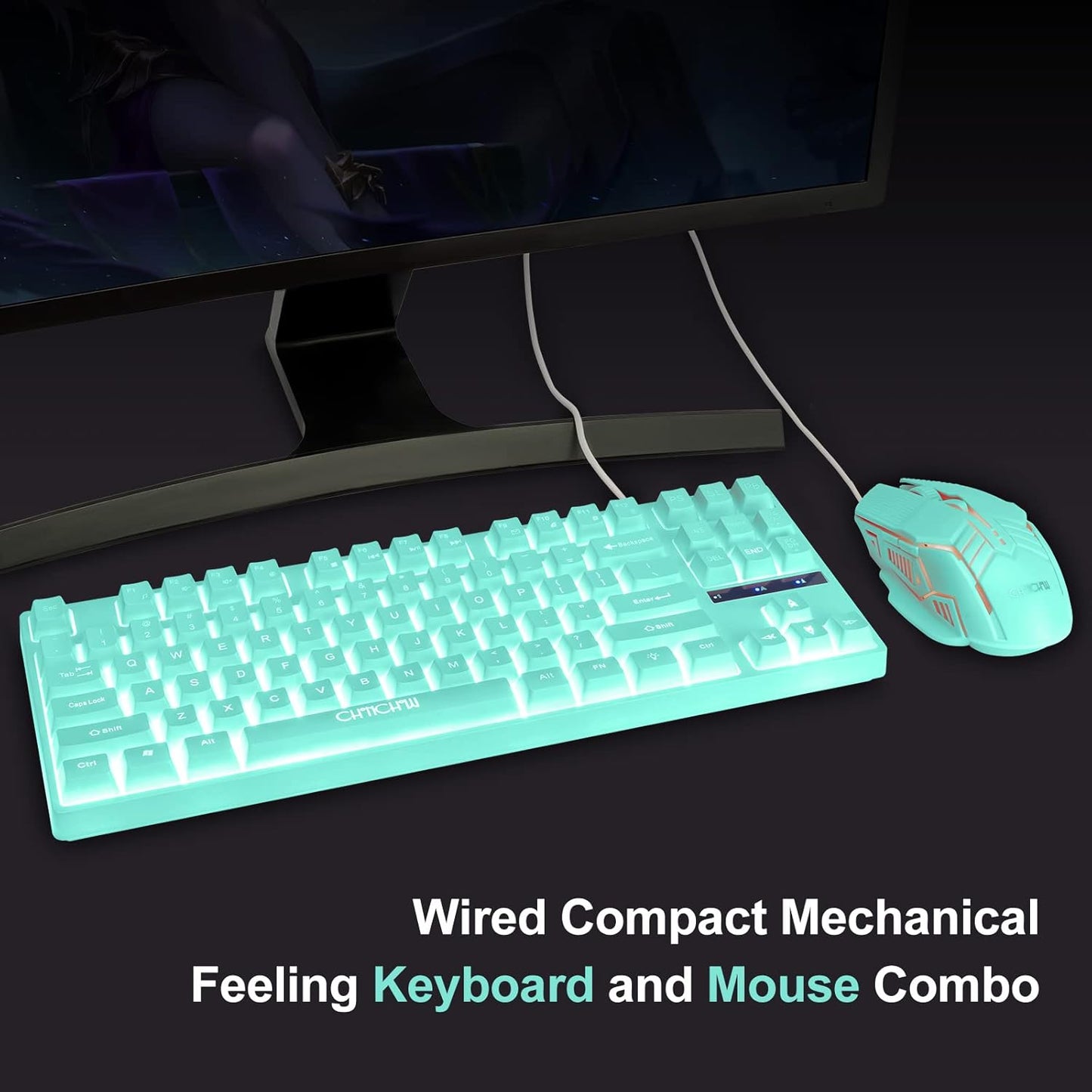 CHONCHOW LED Keyboard and Mouse Combo,Wired 87 Key Mechanical Feel Anti-ghosting Backlight Keyboard with Multimedia Keys for Windows, Mac Desktop/Laptop/PC (Blue) - CHONCHOW