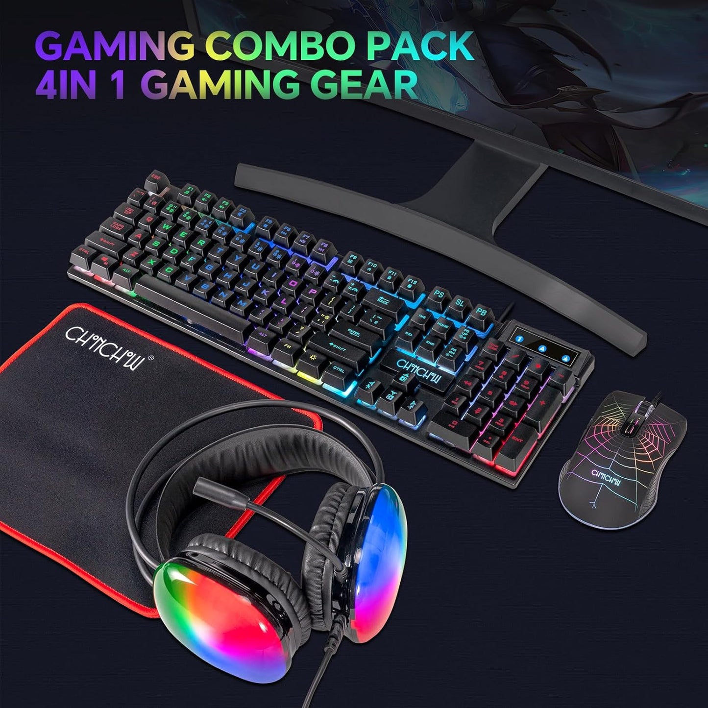 Gaming Keyboard Mouse Mousepad and Headset with mic Combo All in One USB Wired RGB Backlit Rainbow Side Button Gamer Bundle Set Compatible with PC Windows Xbox one PS4 PS5(Black) - CHONCHOW