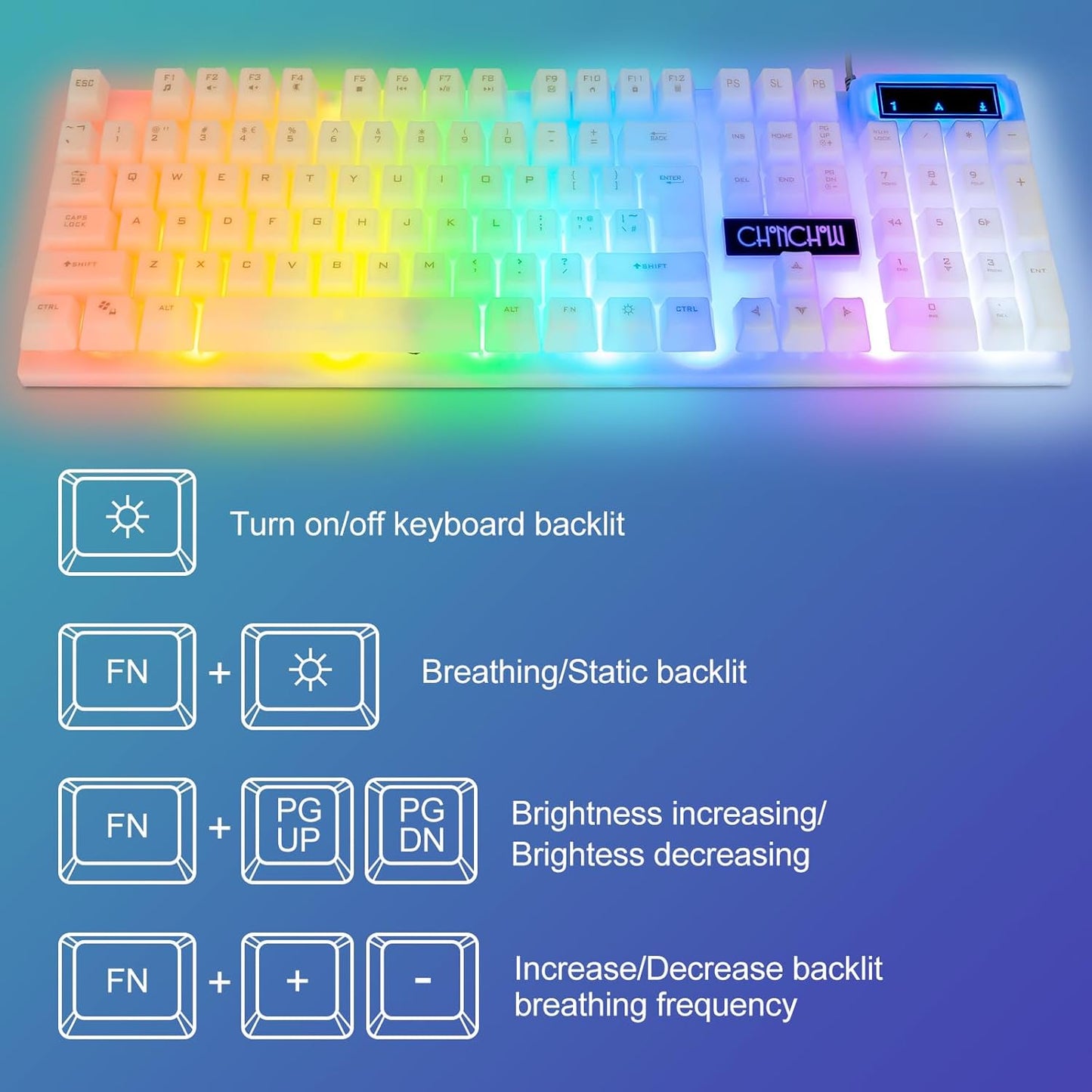 CHONCHOW LED Keyboard and Mouse, 104 Keys Rainbow Backlit Keyboard and 7 Color RGB Mouse, White Gaming Keyboard and Mouse Combo for PC Laptop Xbox PS4 Gamers and Work - CHONCHOW