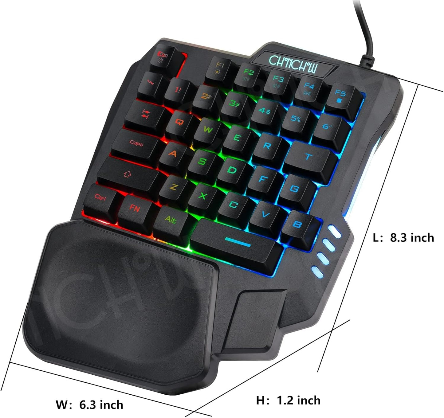 CHONCHOW One Handed Gaming Keyboard Rainbow LED Light Up, 35 Keys Protable Mini Single Hand Keyboard with Wrist Rest, Ergonomic Wired One Hand Keyboard for Xbox PS4 PS5 PC Laptop with USB Hub - CHONCHOW
