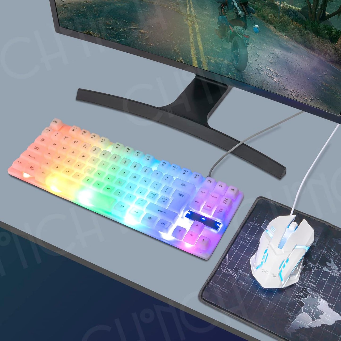 Small White Gaming Mouse and Keyboard, CHONCHOW Rainbow LED Light Up Keyboard 87-Key, 7 Color Breathing Mode LED Light Gaming Mouse 4 Levels of DPI, White Keyboard and Mouse for PC laptop Xbox PS4 PS5 - CHONCHOW