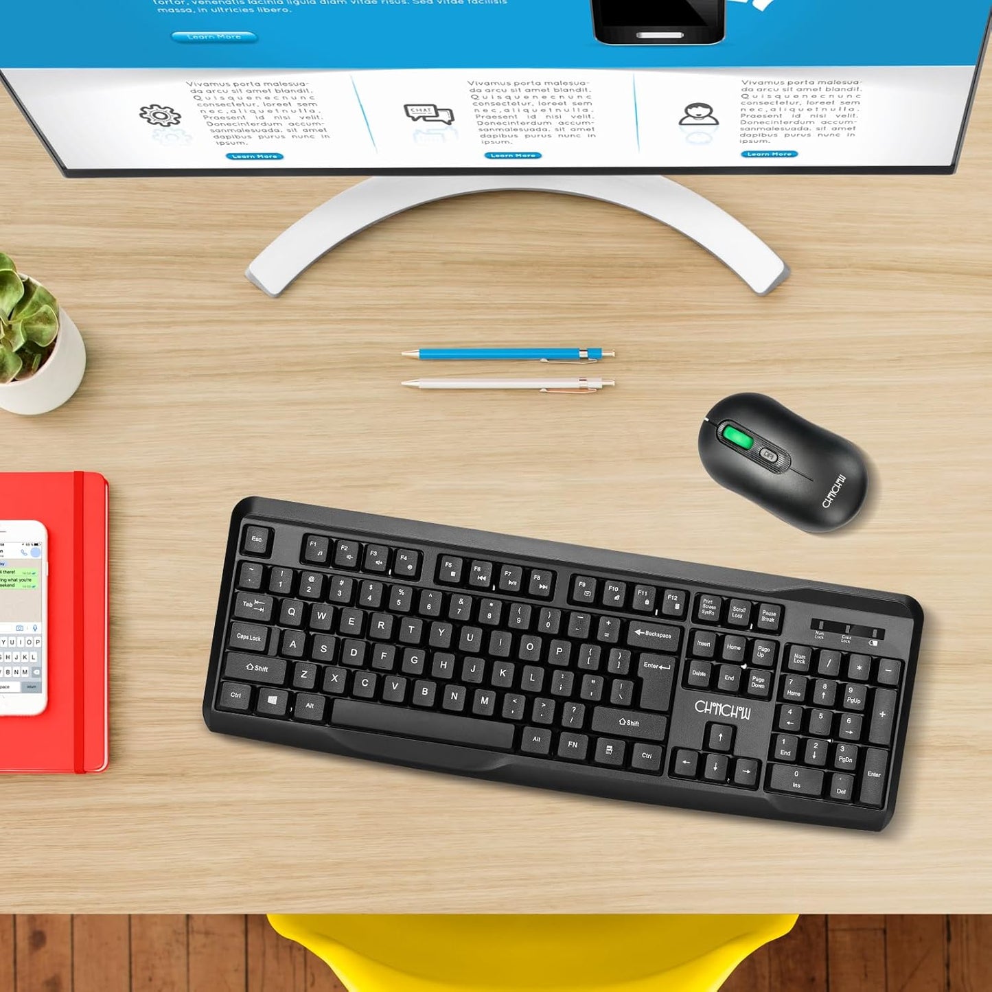 CHONCHOW Wireless Keyboard and Mouse Combo Silent,2.4G Full-Sized Ergonomic USB Cordless Mouse Combo,3 DPI Adjustable,Energy Saving &Long-Life Switch,for Computer/Laptop/Windows/Mac - CHONCHOW