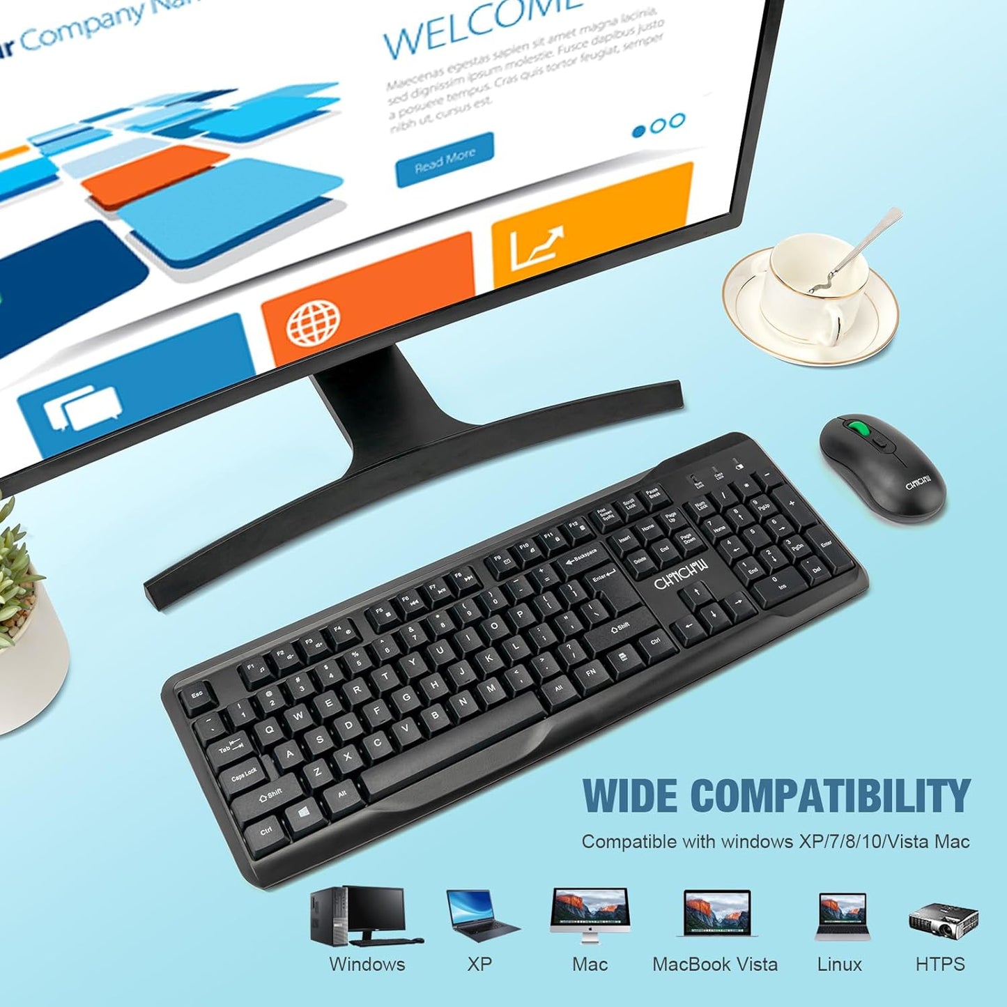 CHONCHOW Wireless Keyboard and Mouse Combo Silent,2.4G Full-Sized Ergonomic USB Cordless Mouse Combo,3 DPI Adjustable,Energy Saving &Long-Life Switch,for Computer/Laptop/Windows/Mac - CHONCHOW