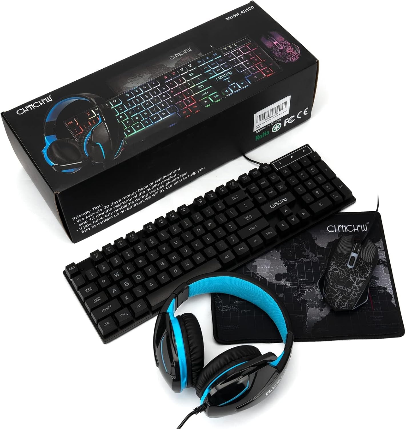 Gaming LED Keyboard Mouse Headset and Mousepad Bundle, CHONCHOW Wired Rainbow LED Light Up Gaming Keyboard Mouse Headset, Value 4 in 1 Gaming Set for Xbox PS4 PS5 PC Laptop Gamer - CHONCHOW