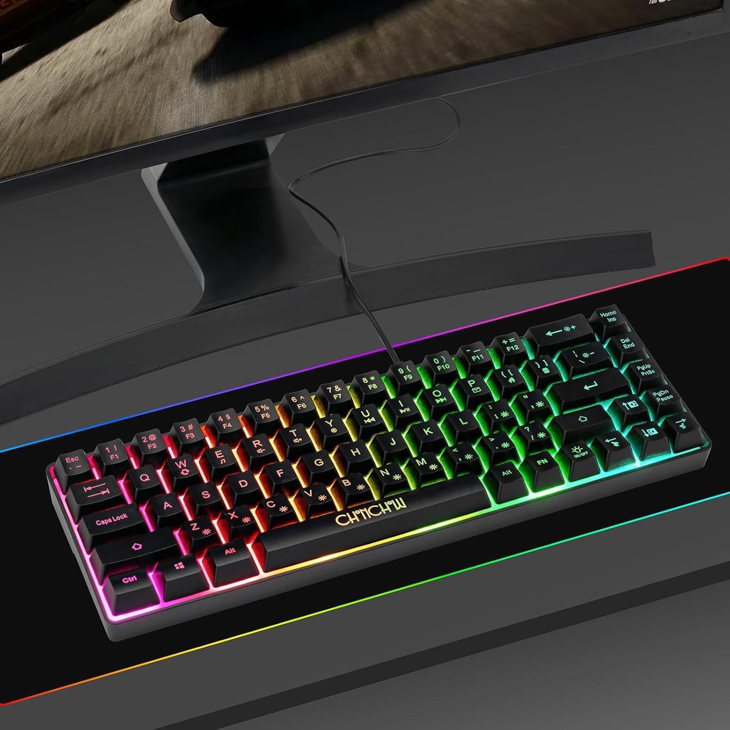 CHONCHOW Mini RGB 60% Gaming Keyboard, 68 Keys Small Compact USB Wired Rainbow Light Up Backlit Gaming Keyboard for Xbox PS4 PS5 PC Laptop Gamer - CHONCHOW