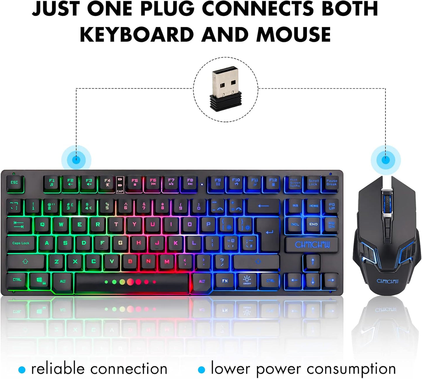 Gaming Wireless TKL Keyboard Mouse Combo Rechargeable LED Backlit Tenkeyless Compact 87 Keys 6 Button for Computer Laptop PS4 PS5 Switch Compatible with Windows XP/7/8/10 iMac MacBook Xbox one X - CHONCHOW