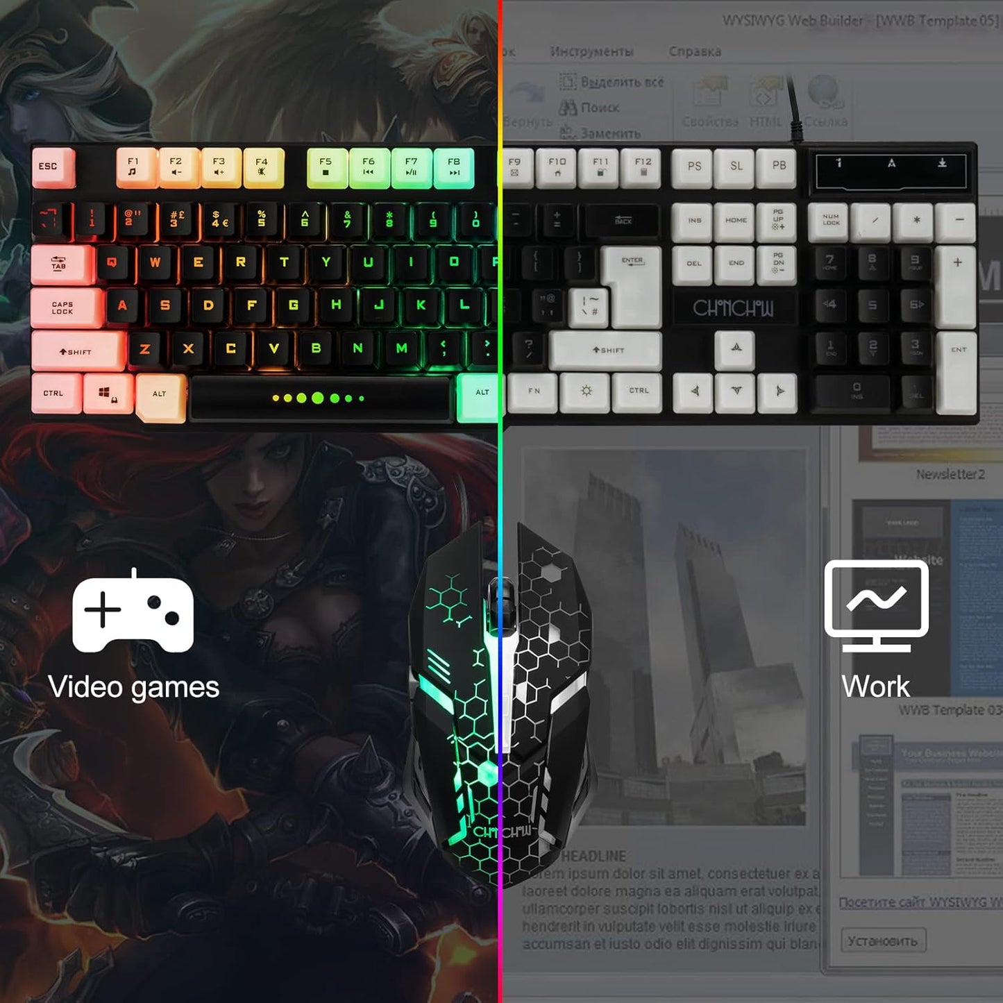 CHONCHOW Gaming Keyboard and Mouse Combo,USB Wired 104-Keys Full Size Light Up Keyboard Mic 3600DPI Rainbow Backlit Mechanical Feeling Compatible with PC Xbox Mac OS Game and Work - CHONCHOW