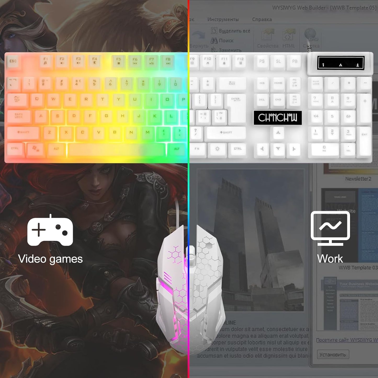 CHONCHOW LED Keyboard and Mouse, 104 Keys Rainbow Backlit Keyboard and 7 Color RGB Mouse, White Gaming Keyboard and Mouse Combo for PC Laptop Xbox PS4 Gamers and Work - CHONCHOW
