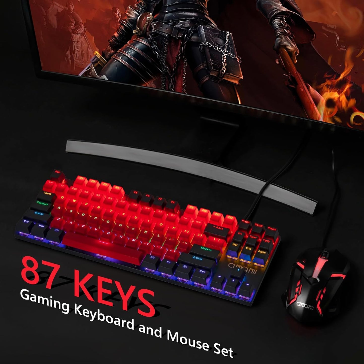 CHONCHOW 75% Mechanical Gaming Keyboard and Mouse Combo, 87 Keys TKL, LED Backlit, Blue Switch, Hot Swappable Mechanical Keyboard, RGB Mouse 1200-4200 DPI for Ps4 Xbox PC Laptop Mac Windows, Black-Red - CHONCHOW