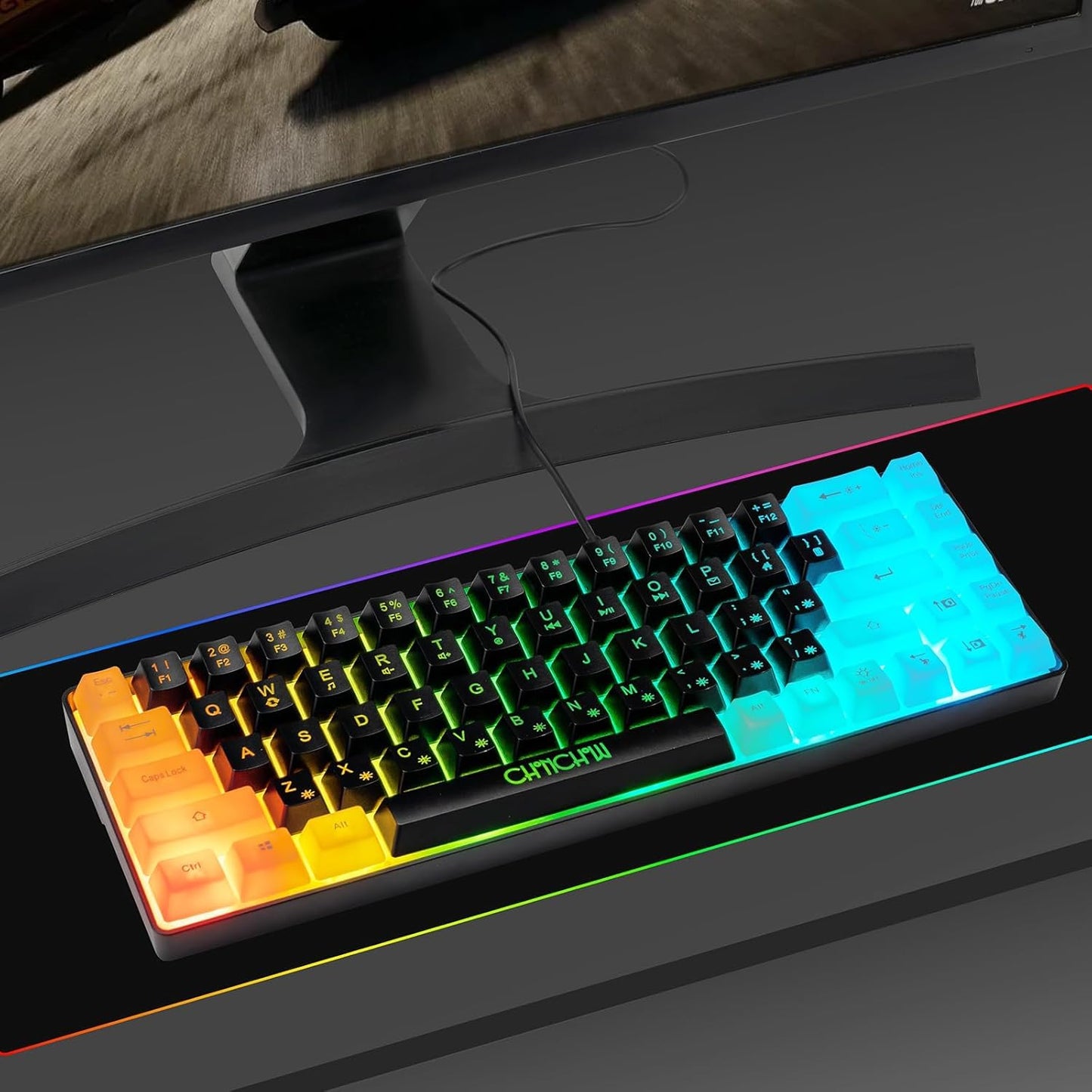 CHONCHOW Mini RGB 60% Gaming Keyboard, 68 Keys Small Compact USB Wired Rainbow Light Up Backlit Gaming Keyboard for Xbox PS4 PS5 PC Laptop Gamer(Black-White) - CHONCHOW