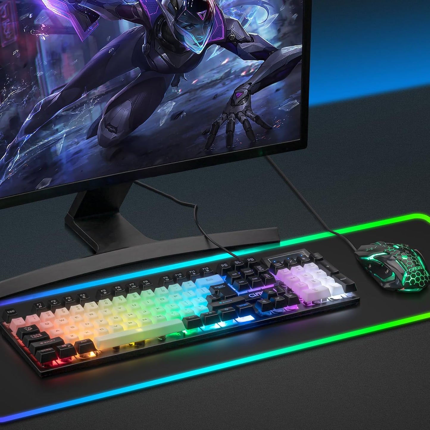 CHONCHOW USB Wired Keyboad and Mouse Combo, Full Size Rainbow LED Light Up Backlit Gaming Keyboard and Mouse Set, 7D 3600DPI Gaming Mouse Compatible with PC Gamers and Xbox PS4 Users - CHONCHOW