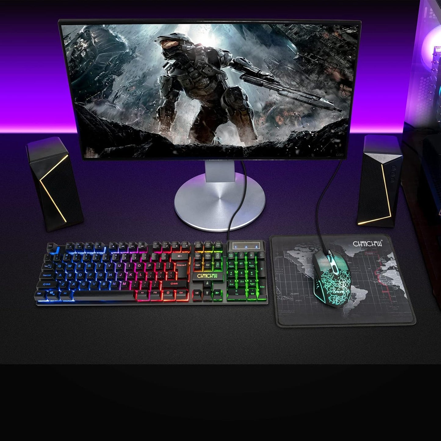 Keyboard and Mouse Gaming LED Wired Combo with Emitting Character Keyboard 4800DPI 2 Side Button USB Mouse Rainbow Backlit Mechanical Feeling Compatible with PC Raspberry Pi Mac Xbox one ps4 - CHONCHOW