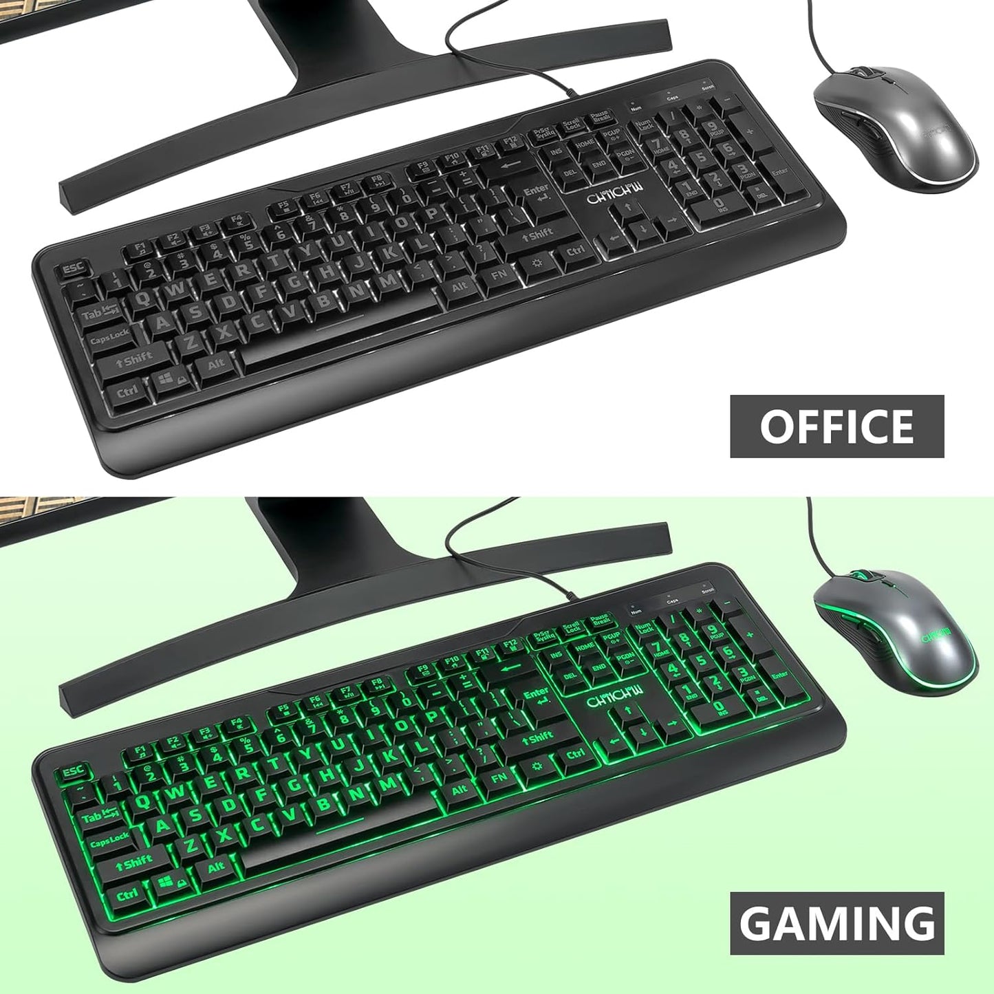 CHONCHOW Wired Keyboard and Mouse Combo with Large Print, Red-Green-Yellow LED Light Up and Quiet Keys for Office Work and Gaming, RGB Mouse, USB Keyboard with Backlit for PC Laptop Computer - Black - CHONCHOW