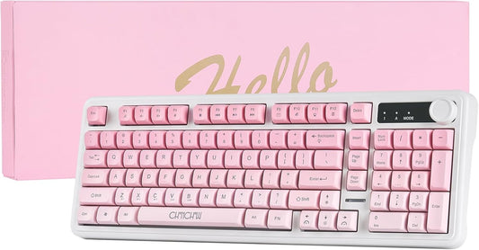 CHONCHOW G820 Pink White Gradient Wireless Keyboard for Women, 98-Key Quiet Numpad Keyboard, Bluetooth/2.4G/USB Tri-Mode, Control Knob, Color-Breathing Backlight, Rechargeable, for Home Office & Gift - CHONCHOW