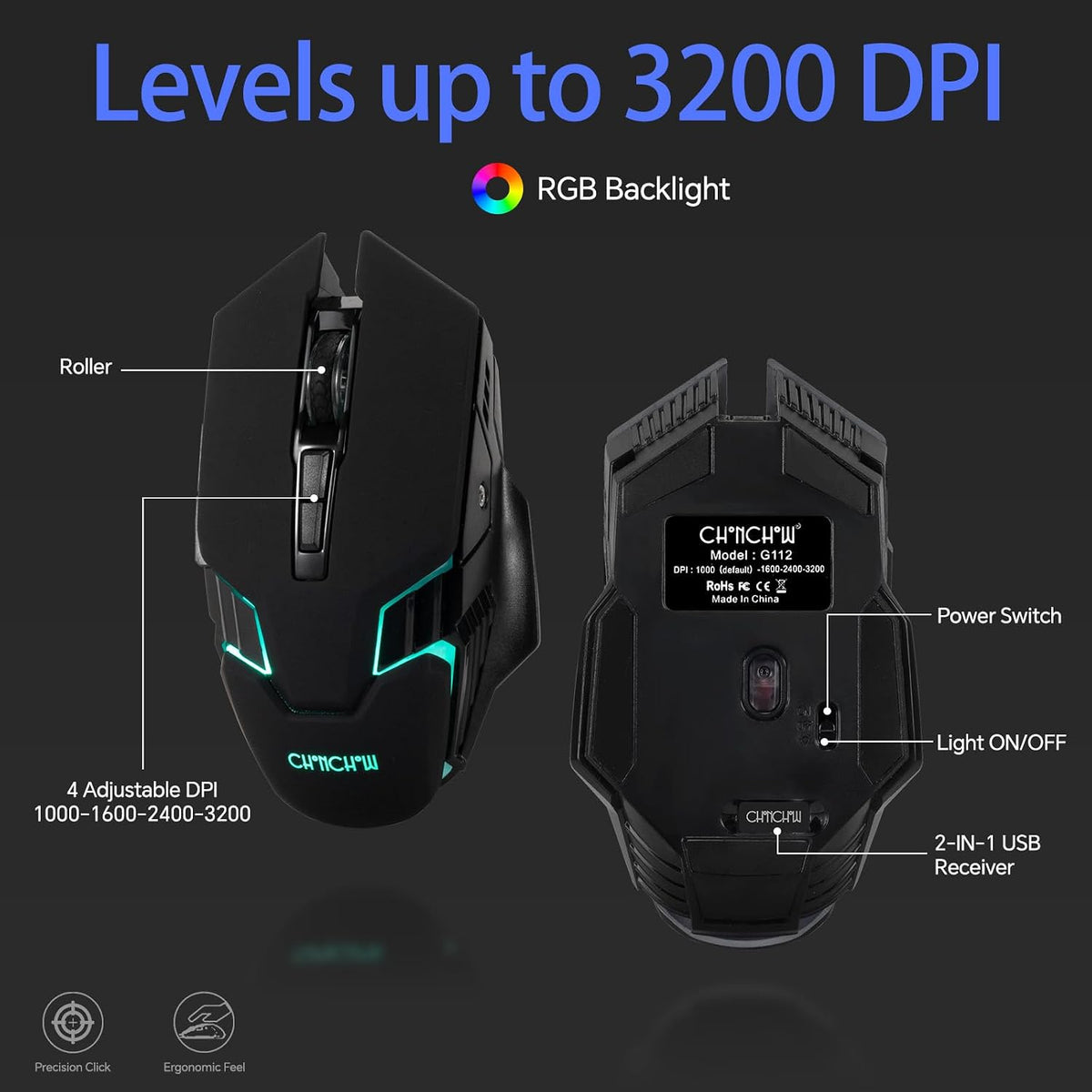 CHONCHOW USB Wireless Gaming Keyboard and Mouse Combo, RGB Backlit, 2.4GHz - CHONCHOW