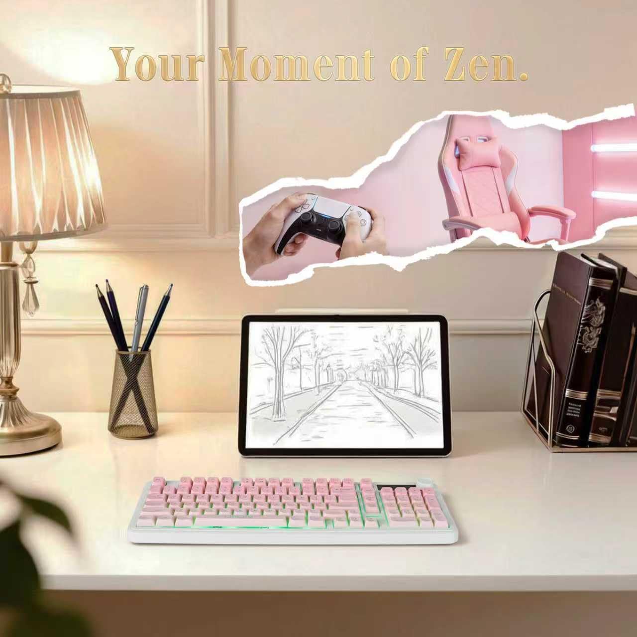 CHONCHOW G820 Pink White Gradient Wireless Keyboard for Women, 98-Key Quiet Numpad Keyboard, Bluetooth/2.4G/USB Tri-Mode, Control Knob, Color-Breathing Backlight, Rechargeable, for Home Office & Gift - CHONCHOW