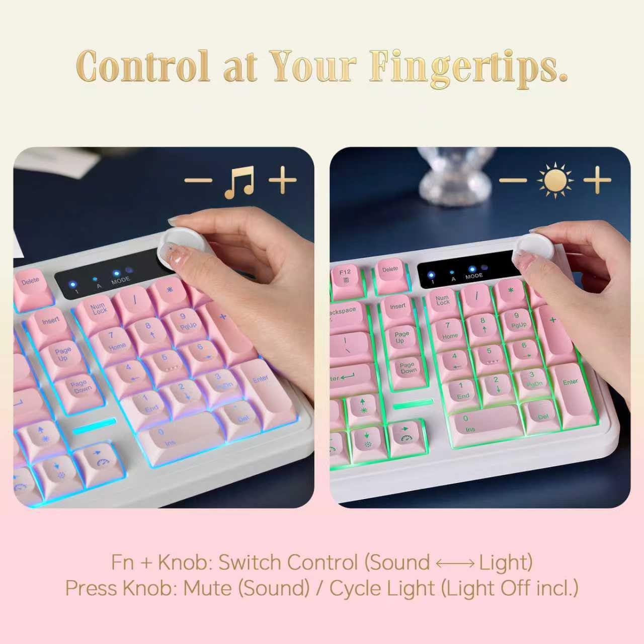 CHONCHOW G820 Pink White Gradient Wireless Keyboard for Women, 98-Key Quiet Numpad Keyboard, Bluetooth/2.4G/USB Tri-Mode, Control Knob, Color-Breathing Backlight, Rechargeable, for Home Office & Gift - CHONCHOW