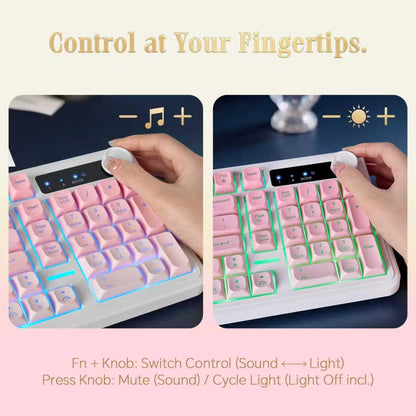 CHONCHOW G820 Pink White Gradient Wireless Keyboard for Women, 98-Key Quiet Numpad Keyboard, Bluetooth/2.4G/USB Tri-Mode, Control Knob, Color-Breathing Backlight, Rechargeable, for Home Office & Gift - CHONCHOW