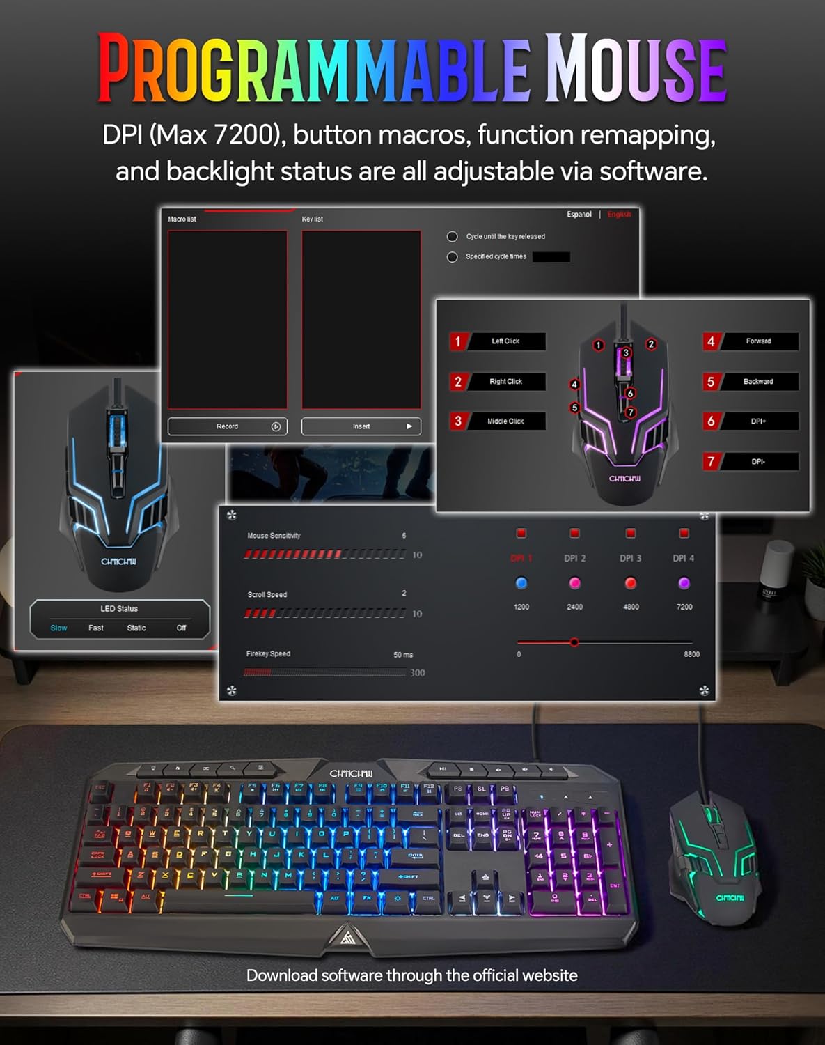 Wired Gaming Keyboard and Mouse Combo with LED Backlit,10 Dedicated Multimedia Keys, 19 Anti-ghosting Keys, Light Up Computer Keyboard, Programmable 7200 DPI RGB Mice with Software for PC Xbox PS5 PS4 - CHONCHOW