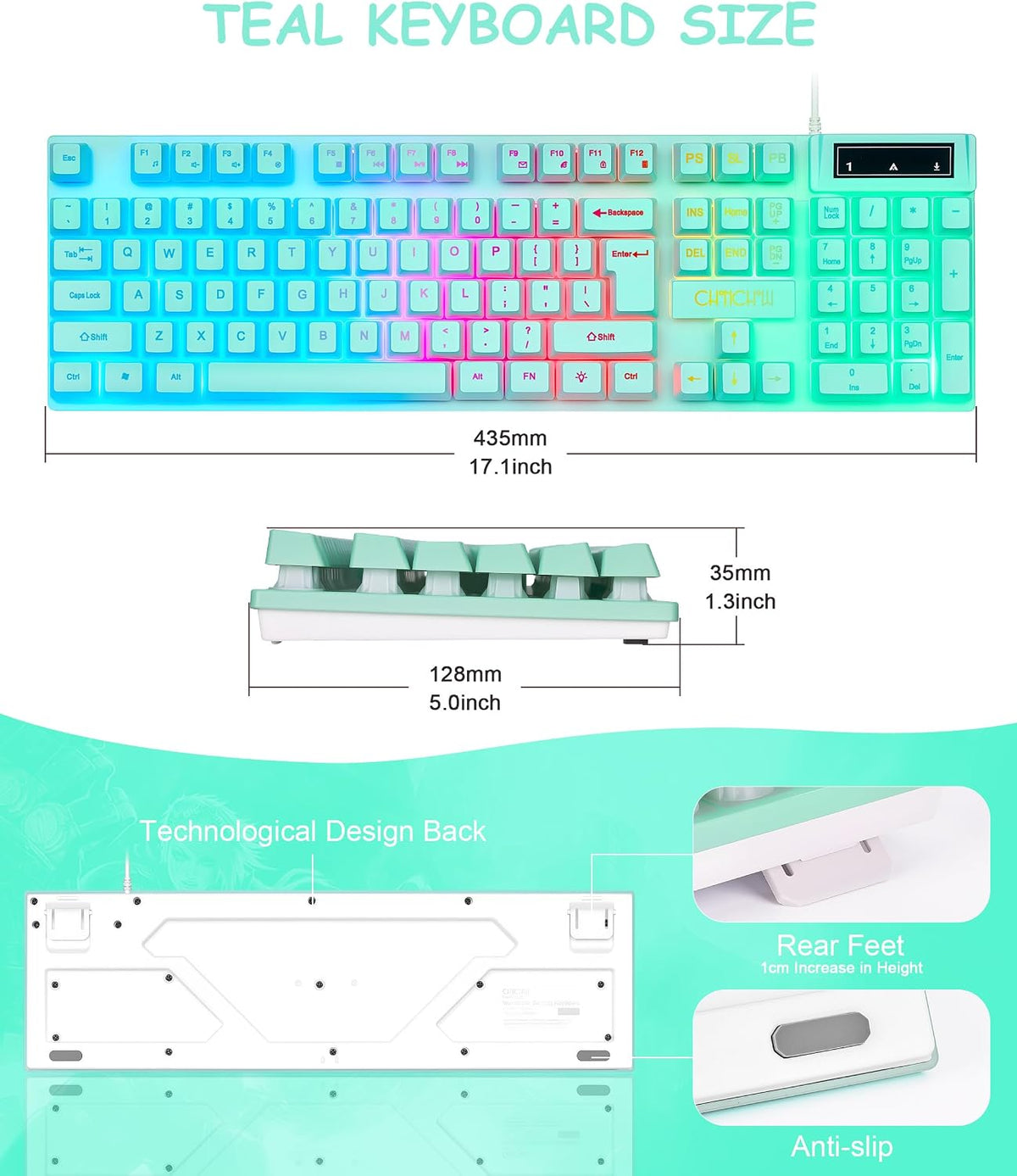 Gaming Teal Keyboard Wired with Color Backlit, Membrane, Quiet for Computer