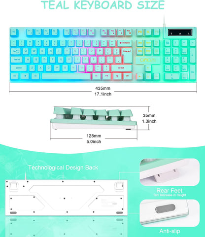 Gaming Teal Keyboard Wired with Color Backlit, Membrane, Quiet for Computer