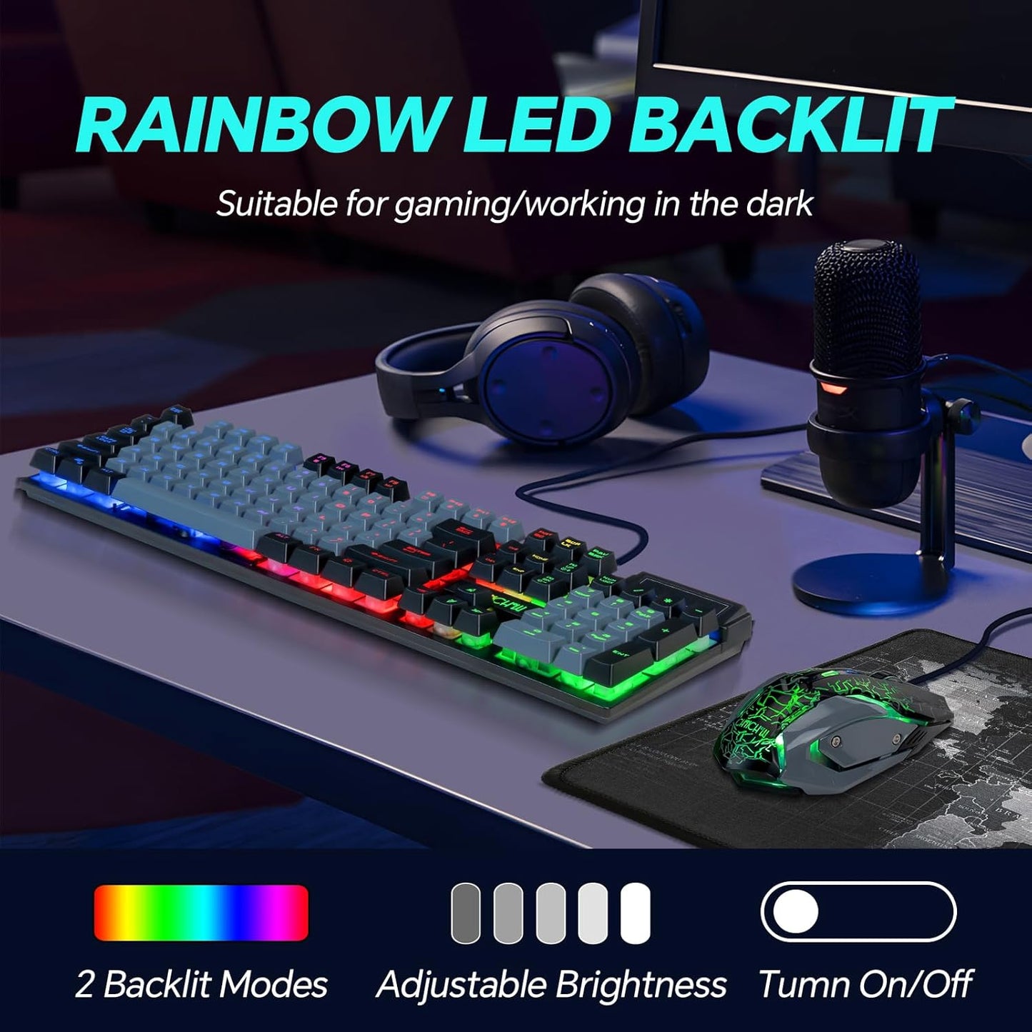 CHONCHOW Gaming Keyboard and Mouse Full Size Wired Keyboard Light Up Key,Led Backlit,19 Anti-ghosting,Multimedia Keys, Mechanical Feel for Ps5,Ps4, Pc/Laptop/Xbox - CHONCHOW