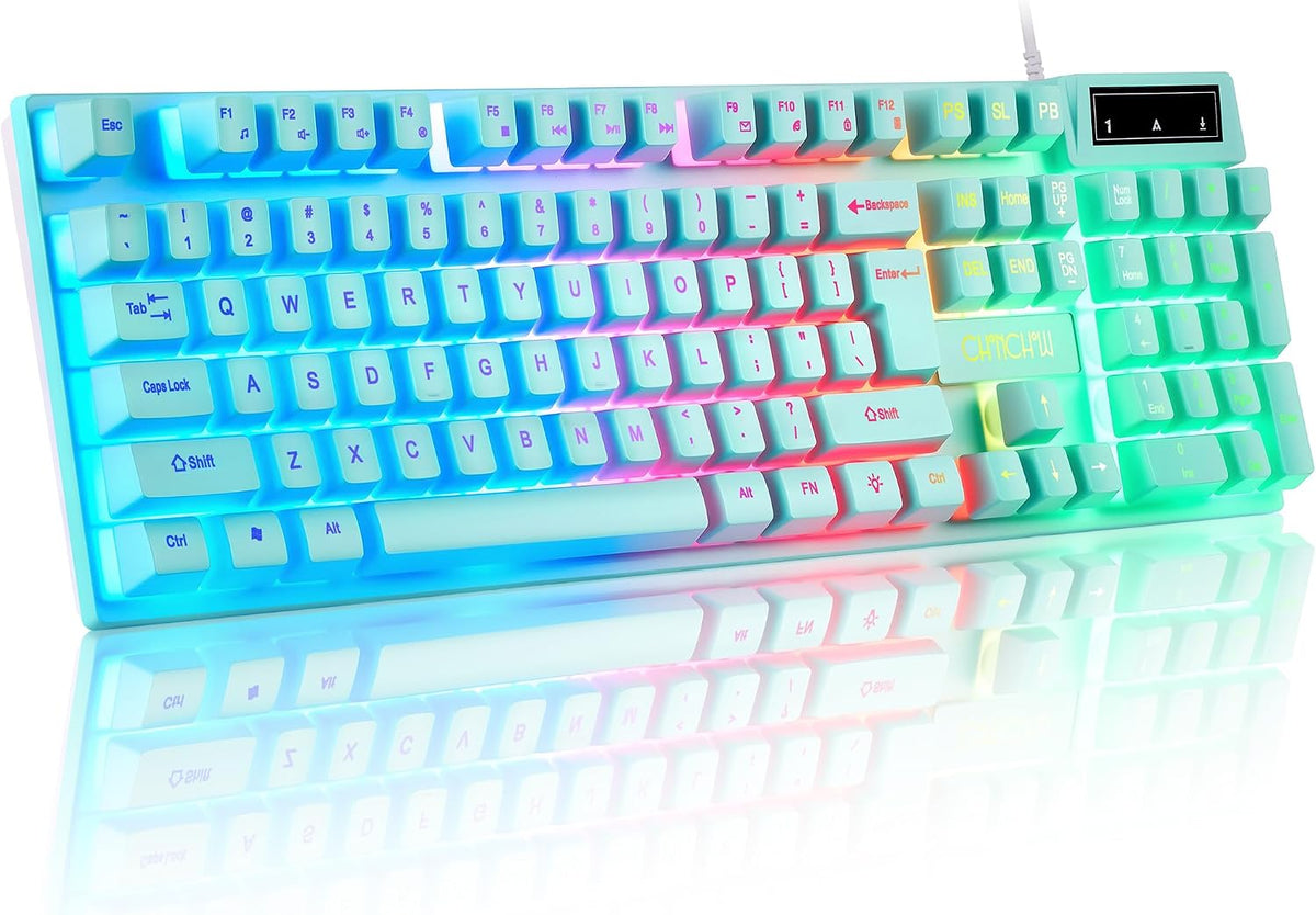 Gaming Teal Keyboard Wired with Color Backlit, Membrane, Quiet for Computer