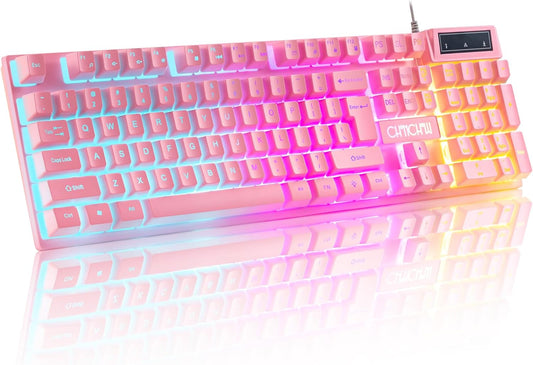 Light Up Cute Pink Gaming Keyboard, 104 Keys Full Size, Number Pad, 19 Keys Anti-Ghosting, Multimedia Function Keys, 3 Colors LED Backlit, USB Wired Creamy Keyboard for PC, Computer, Desktop, Laptop - CHONCHOW