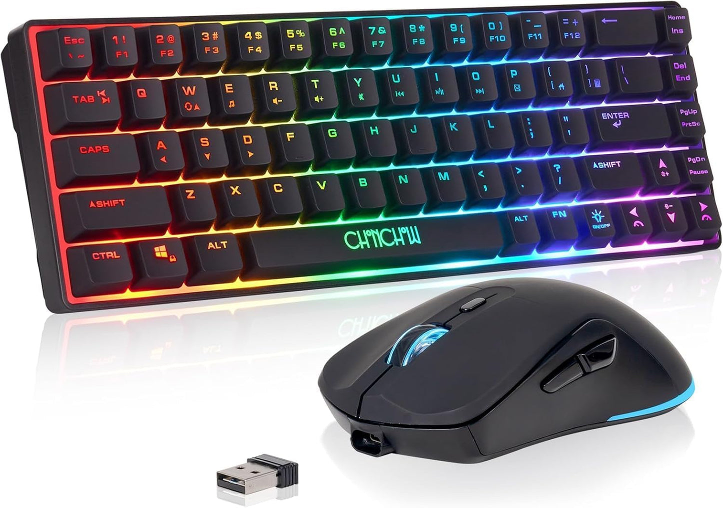 CHONCHOW 60% Wireless Gaming Keyboard and Mouse Combo, RGB Backlit Rechargeable LED Light Up Keyboards, 68 Keys Ultra Compact Wireless Keyboard and Ergonomic Gaming Mouse for Xbox PS4 PS5 PC Laptop - CHONCHOW