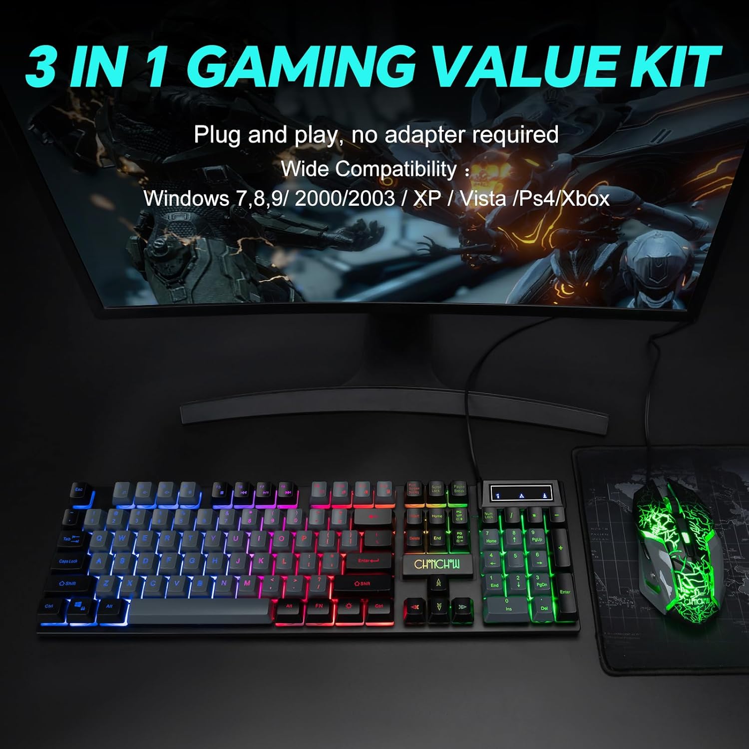 CHONCHOW Gaming Keyboard and Mouse Full Size Wired Keyboard Light Up Key,Led Backlit,19 Anti-ghosting,Multimedia Keys, Mechanical Feel for Ps5,Ps4, Pc/Laptop/Xbox - CHONCHOW
