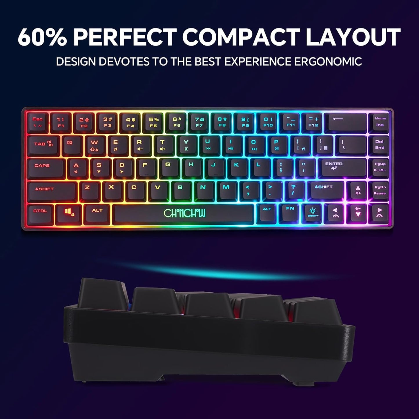 CHONCHOW 60% Wireless Gaming Keyboard and Mouse Combo, RGB Backlit Rechargeable LED Light Up Keyboards,Wireless Gaming Mouse and Keyboard for Xbox PS4 PS5 PC Laptop -Black - CHONCHOW