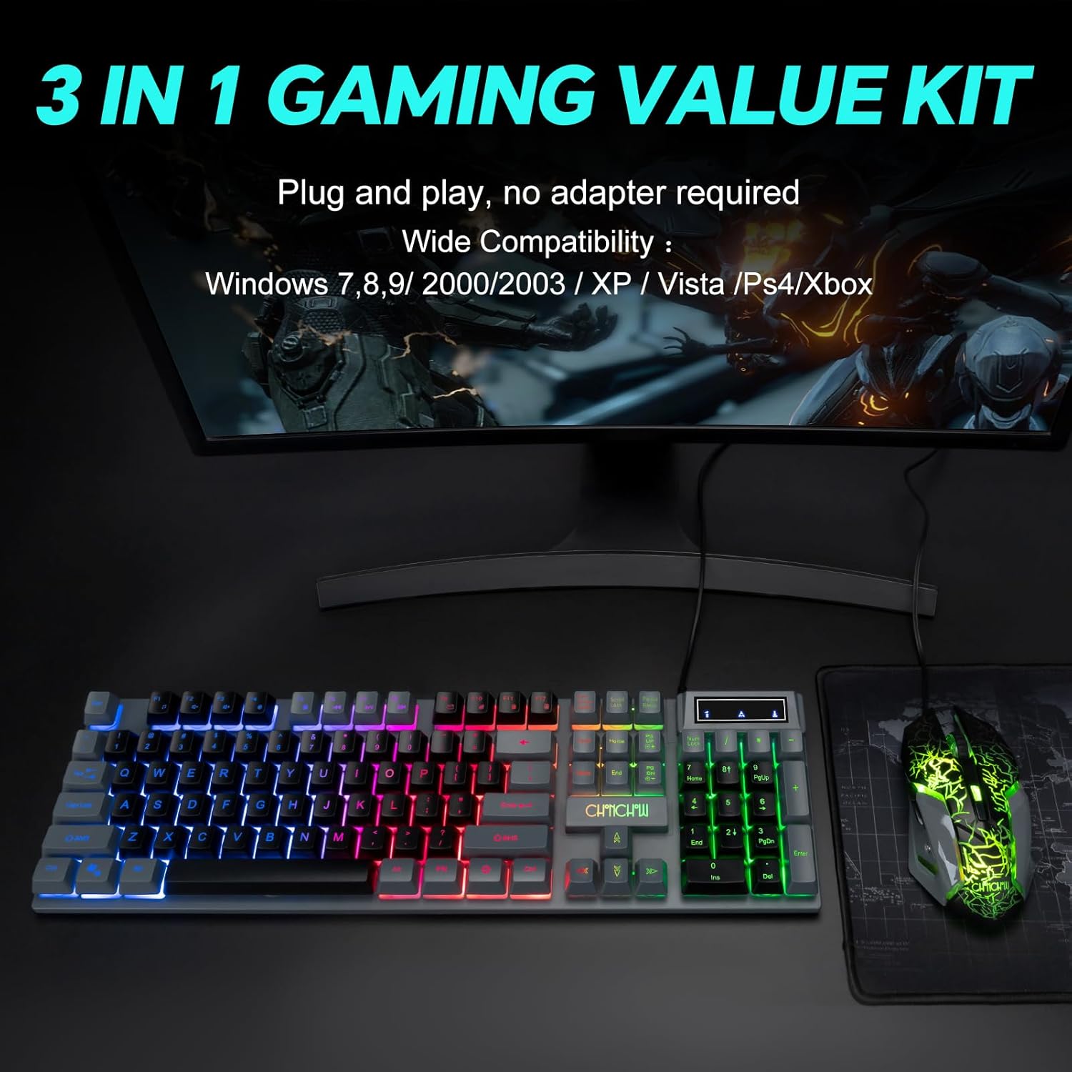 CHONCHOW Gaming Keyboard and Mouse Combo LED Backlit 104Keys Full Size Keyboard Light Up USB Wired Mechanical Feel 3600 DPI Gaming Mic for Windows PC Mac Xbox Gamer, Black&Grey - CHONCHOW