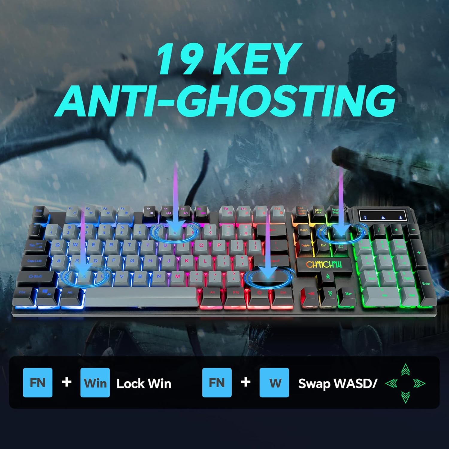 CHONCHOW Gaming Keyboard and Mouse Full Size Wired Keyboard Light Up Key,Led Backlit,19 Anti-ghosting,Multimedia Keys, Mechanical Feel for Ps5,Ps4, Pc/Laptop/Xbox - CHONCHOW