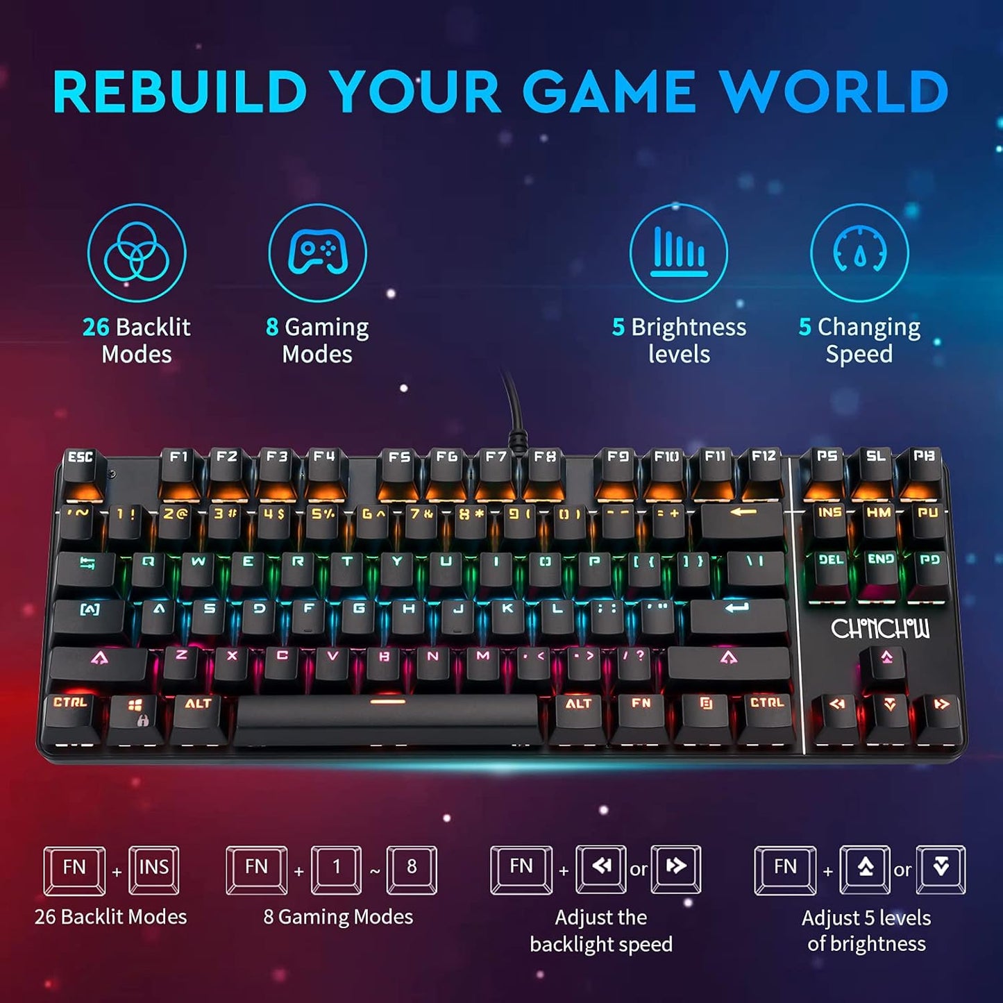 CHONCHOW TKL Mechanical Gaming Keyboard and Mouse Combo LED Backlit 60% Compact Gaming Keyboard with Blue Switches RGB Gaming Mouse - CHONCHOW