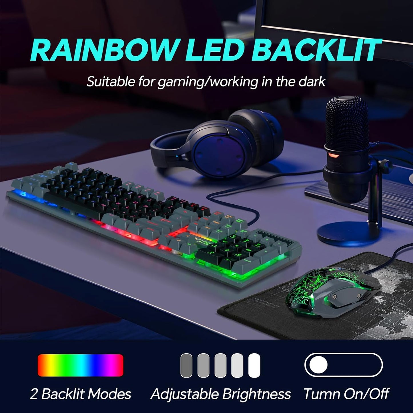 CHONCHOW Gaming Keyboard and Mouse Combo LED Backlit 104Keys Full Size Keyboard Light Up USB Wired Mechanical Feel 3600 DPI Gaming Mic for Windows PC Mac Xbox Gamer, Black&Grey - CHONCHOW