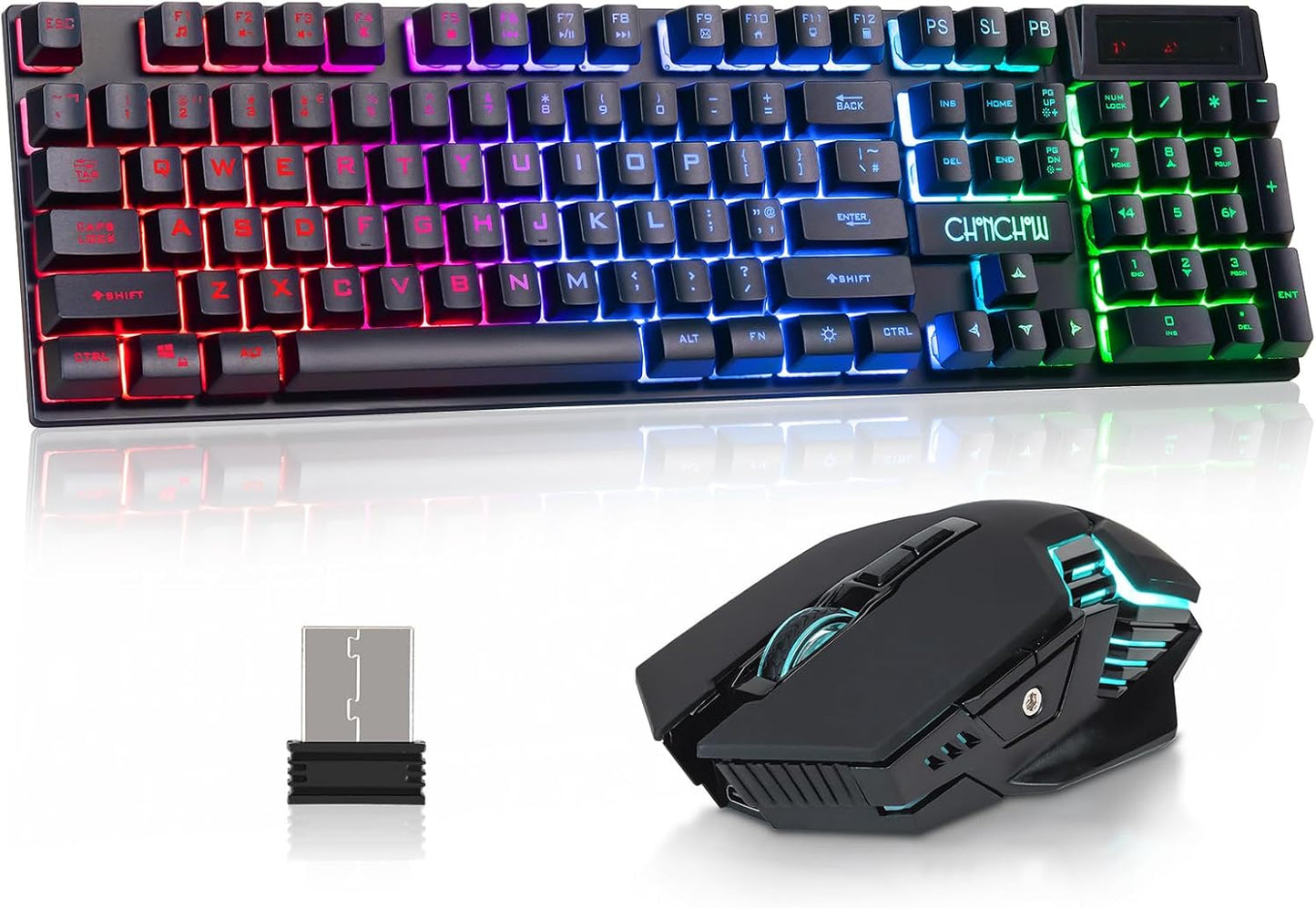 CHONCHOW USB Wireless Gaming Keyboard and Mouse Combo, LED Backlit Ergonomic Mechanical Feeling Keyboard,Rechargeable 2500mAh Battery, Anti-ghosting Keyboard 7D 3600DPI Mice for PC Gamer - CHONCHOW