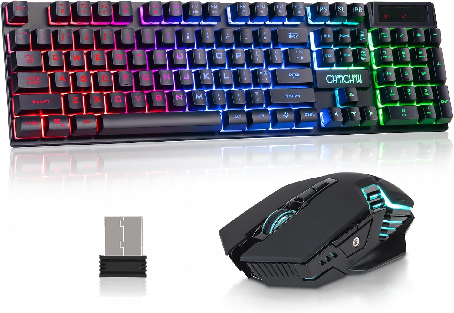 CHONCHOW USB Wireless Gaming Keyboard and Mouse Combo, LED Backlit Ergonomic Mechanical Feeling Keyboard,Rechargeable 2500mAh Battery, Anti-ghosting Keyboard 7D 3600DPI Mice for PC Gamer - CHONCHOW