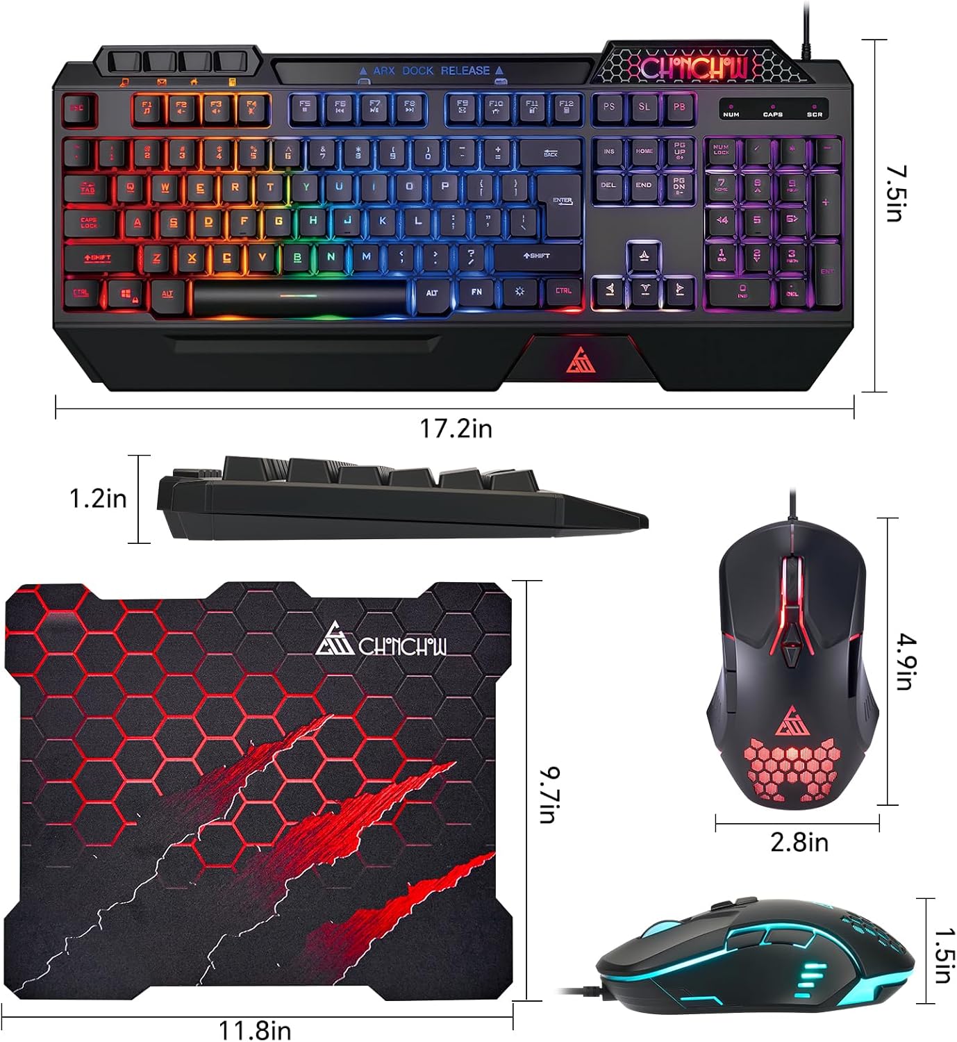 CHONCHOW Gaming Keyboard and Mouse Combo, USB Wired RGB Backlit Anti-Ghosting Silent Keyboard with Ergonomic Wrist Rest & Phone Holder, 7D 7200DPI Gaming Mouse for PC Gamer Xbox PS4 PS5 - CHONCHOW