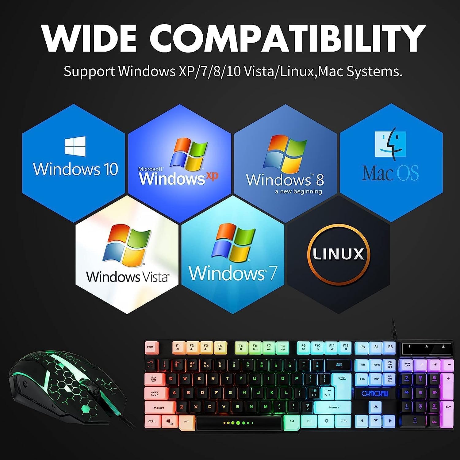 Gaming Keyboard Mouse Combo Rainbow LED Backlit Ambient Light Illuminated Character Wired USB Keyboard Mice Compatible with Windows XP/7/10 iMac MacBook PS4 PS5 Xbox one - CHONCHOW