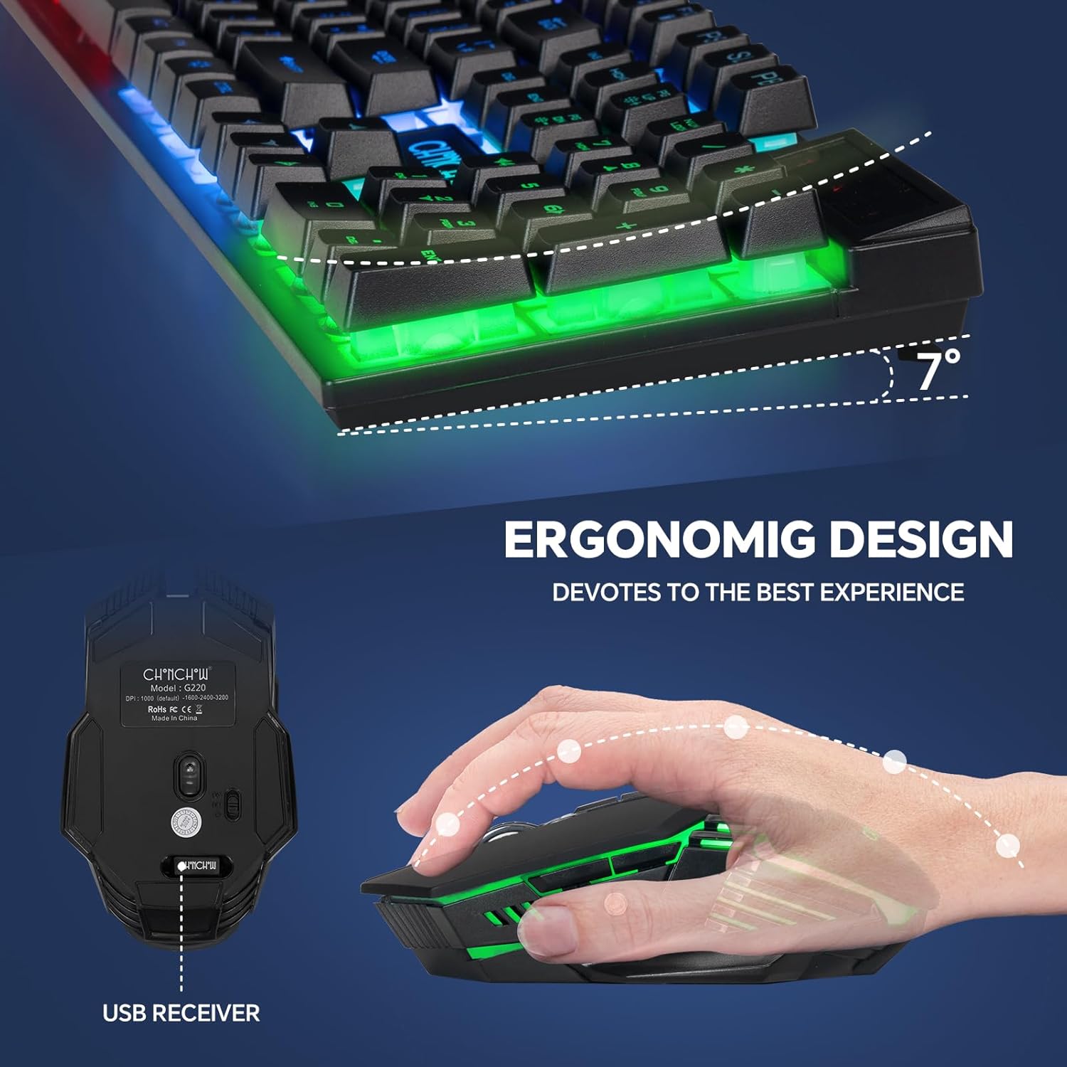 CHONCHOW USB Wireless Gaming Keyboard and Mouse Combo, LED Backlit Ergonomic Mechanical Feeling Keyboard,Rechargeable 2500mAh Battery, Anti-ghosting Keyboard 7D 3600DPI Mice for PC Gamer - CHONCHOW