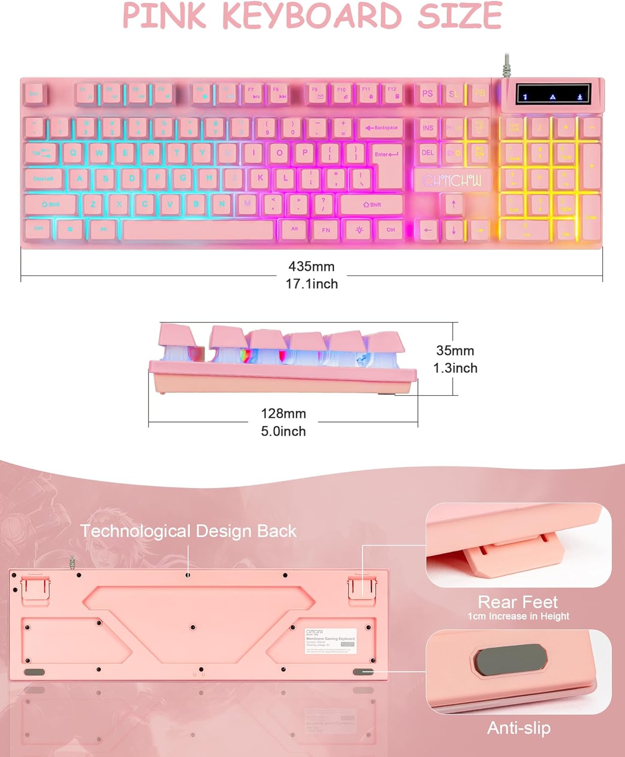 Light Up Cute Pink Gaming Keyboard, 104 Keys Full Size, Number Pad, 19 Keys Anti-Ghosting, Multimedia Function Keys, 3 Colors LED Backlit, USB Wired Creamy Keyboard for PC, Computer, Desktop, Laptop - CHONCHOW