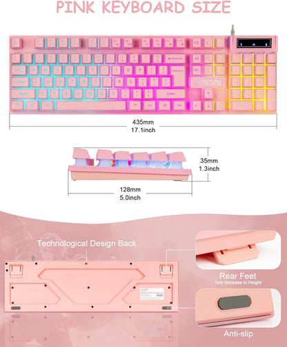 Light Up Cute Pink Gaming Keyboard, 104 Keys Full Size, Number Pad, 19 Keys Anti-Ghosting, Multimedia Function Keys, 3 Colors LED Backlit, USB Wired Creamy Keyboard for PC, Computer, Desktop, Laptop - CHONCHOW