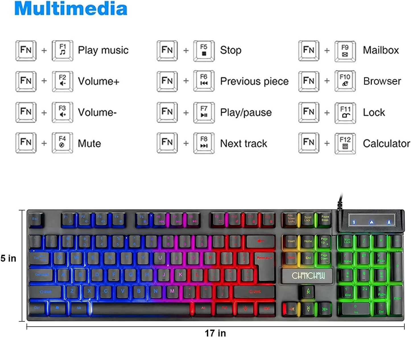 CHONCHOW Gaming LED Backlit Keyboard and Mouse Combo with Emitting Character Adjustable LED Backlight 3200 DPI USB Mouse Multimedia Keys Mechanical Feel for PC Resberry Pi Mac Ps5 (Black) - CHONCHOW