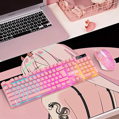 Pink Keyboard and Mouse Game USB Wired Kawaii ComboRGB Backlight Non conflicting Brown Mechanical Switch Feeling 4200DPI Mouse PC Game Console PS4 PS5 - CHONCHOW