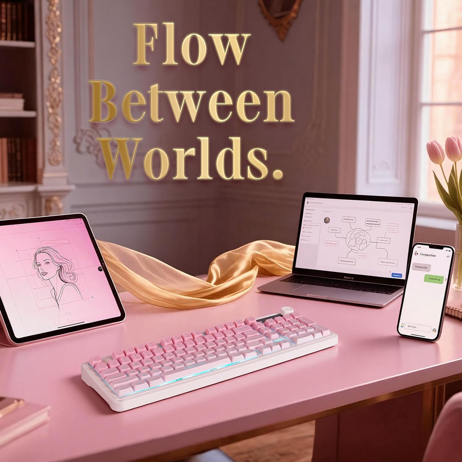 CHONCHOW G820 Pink White Gradient Wireless Keyboard for Women, 98-Key Quiet Numpad Keyboard, Bluetooth/2.4G/USB Tri-Mode, Control Knob, Color-Breathing Backlight, Rechargeable, for Home Office & Gift - CHONCHOW