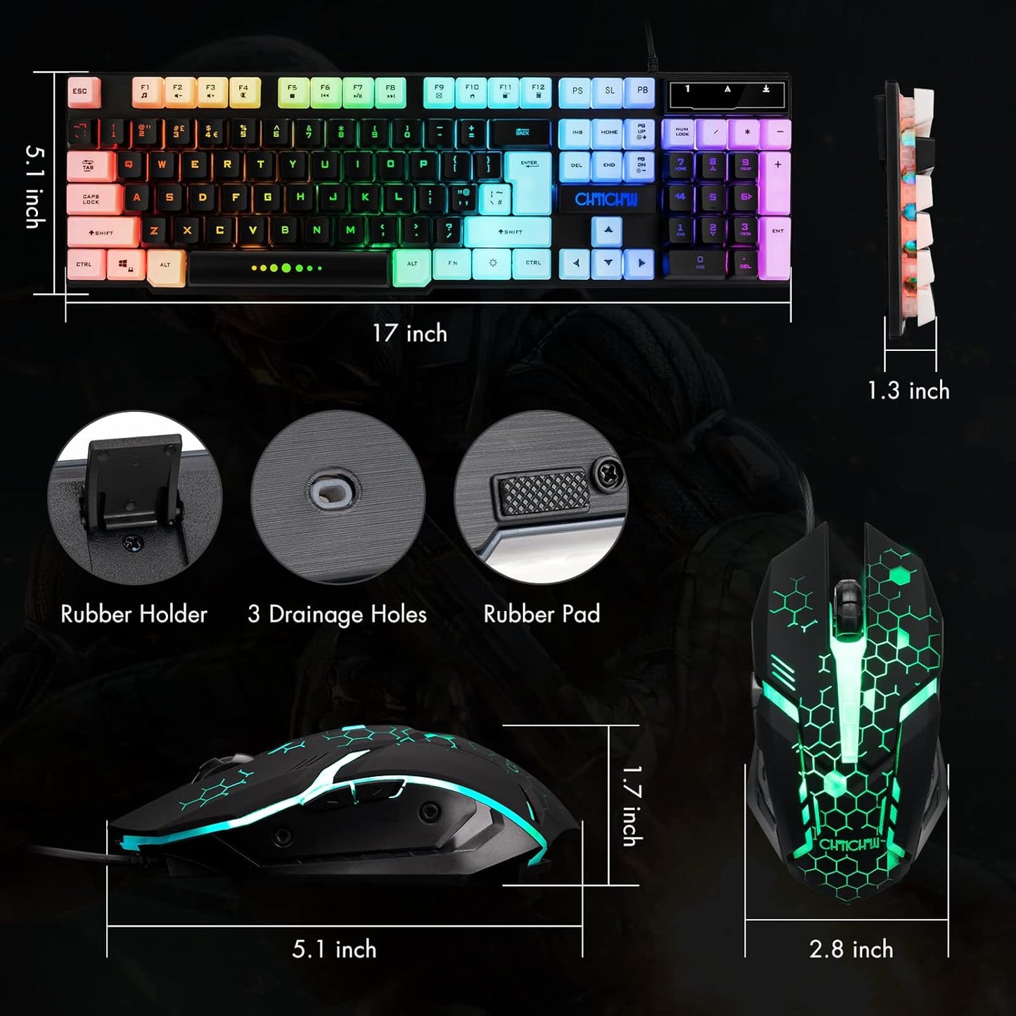 Gaming Keyboard Mouse Combo Rainbow LED Backlit Ambient Light Illuminated Character Wired USB Keyboard Mice Compatible with Windows XP/7/10 iMac MacBook PS4 PS5 Xbox one - CHONCHOW